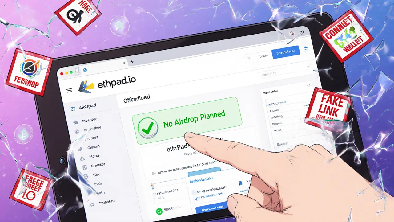Tablette affichant le site officiel ETHPad avec une annonce &#039;Pas d&#039;airdrop&#039;, entourée de projets légitimes.