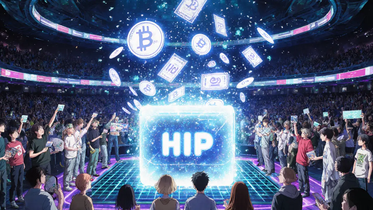 Tirage au sort hebdomadaire sur blockchain avec des tickets numériques et des prix holographiques dans une arène futuriste.