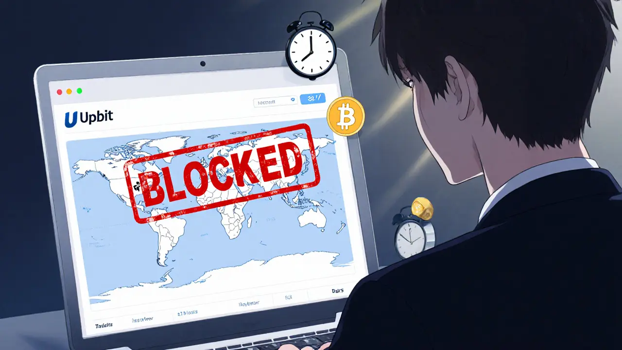 Trader international face à un écran bloqué avec une carte mondiale marquée de pays interdits.