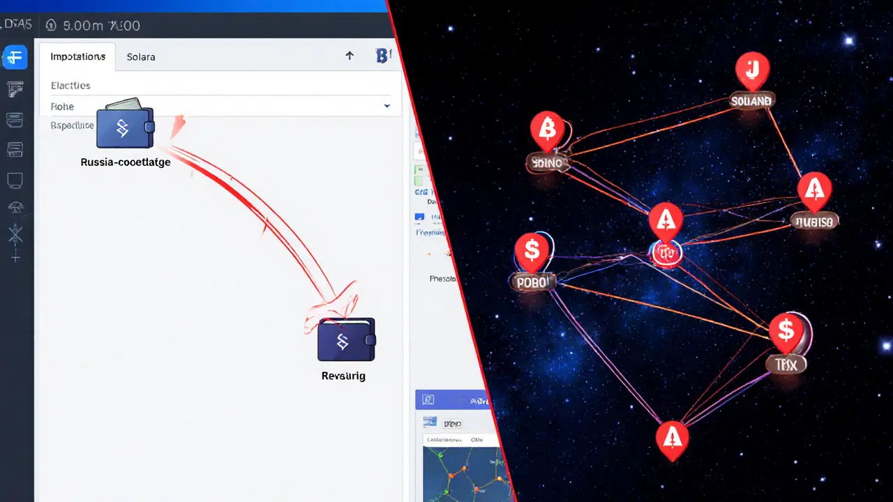 Transfert de fonds sanctionnés traversant plusieurs chaînes détecté par un outil d&#039;analyse en temps réel.