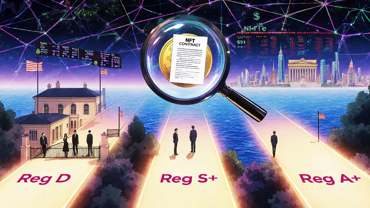 Trois voies lumineuses représentant les exemptions réglementaires crypto, sous un réseau blockchain, avec des investisseurs, une ville internationale et une bourse holographique.