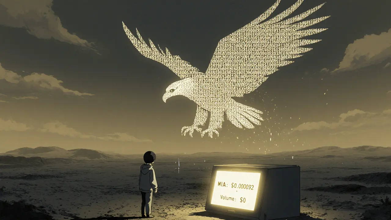 Un aigle fantôme en code binaire survole un désert numérique, tandis qu&#039;une personne regarde le prix nul de MIA sur un écran.