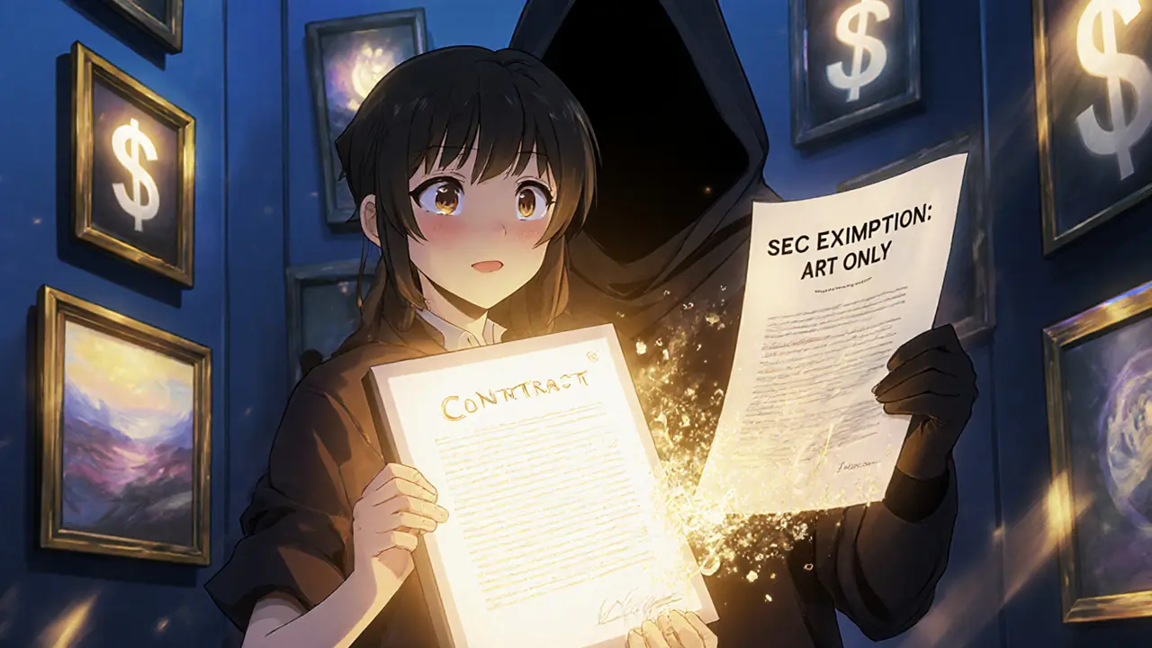 Un artiste tenant un NFT qui se transforme en œuvre d&#039;art, tandis qu&#039;un contrat de profit se dissout en cendres sous un bouclier juridique.