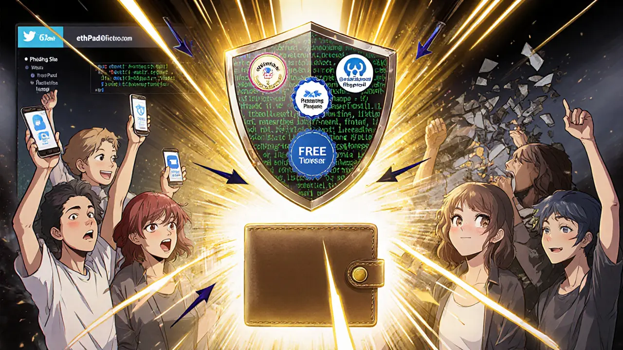 Un bouclier blockchain protège des utilisateurs contre des flèches d&#039;escroqueries numériques.