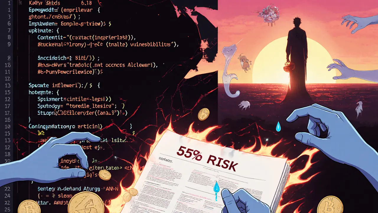 Un code de contrat vulnérable brûle, entouré de rapports d&#039;audit déchirés et d&#039;erreurs NaN dans un vide numérique.