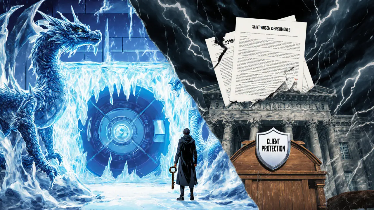 Un coffre-fort froid sécurisé à gauche, un tribunal vide à droite, symbolisant l&#039;absence de régulation.