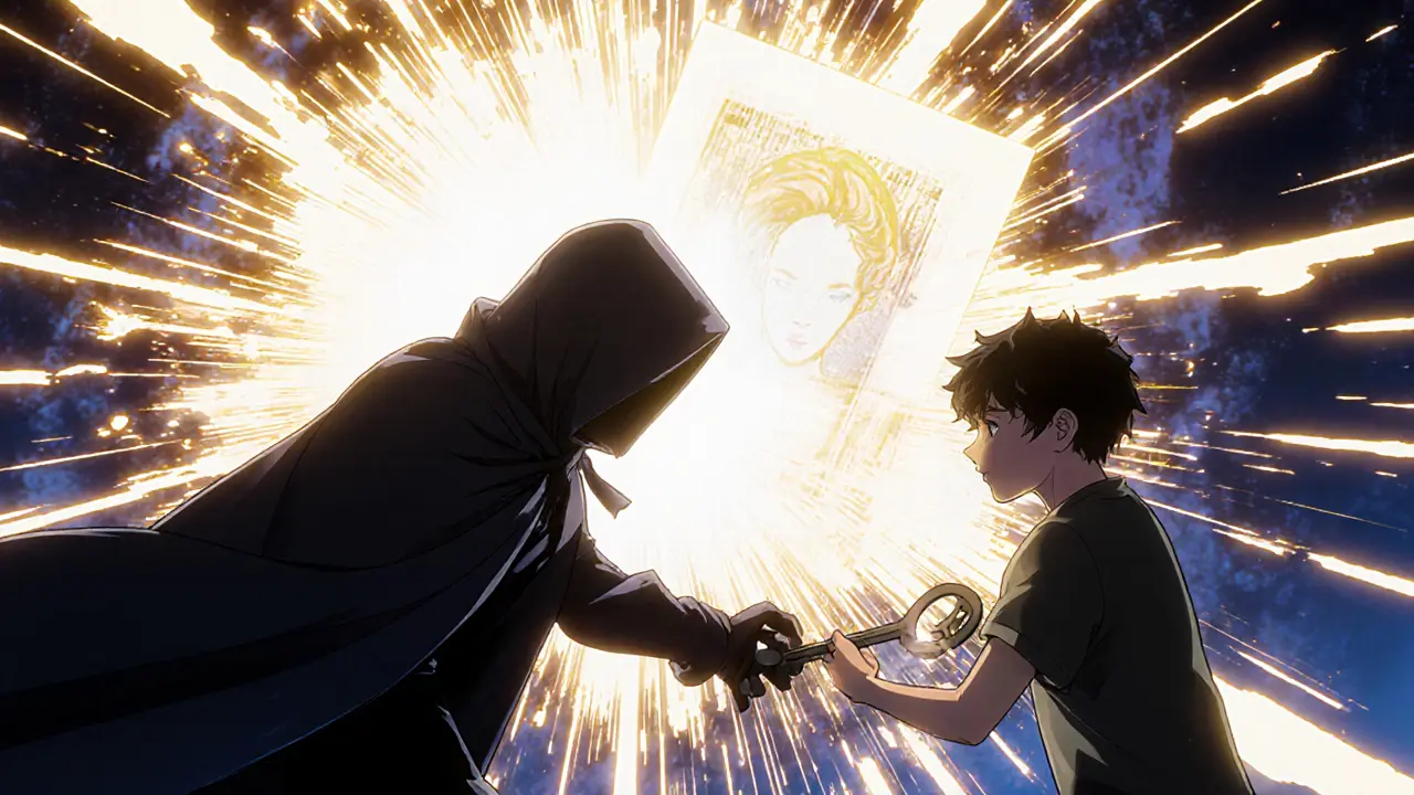 Un collector défend son portefeuille contre un escroc tandis qu&#039;une IA génère un NFT artistique lumineux.