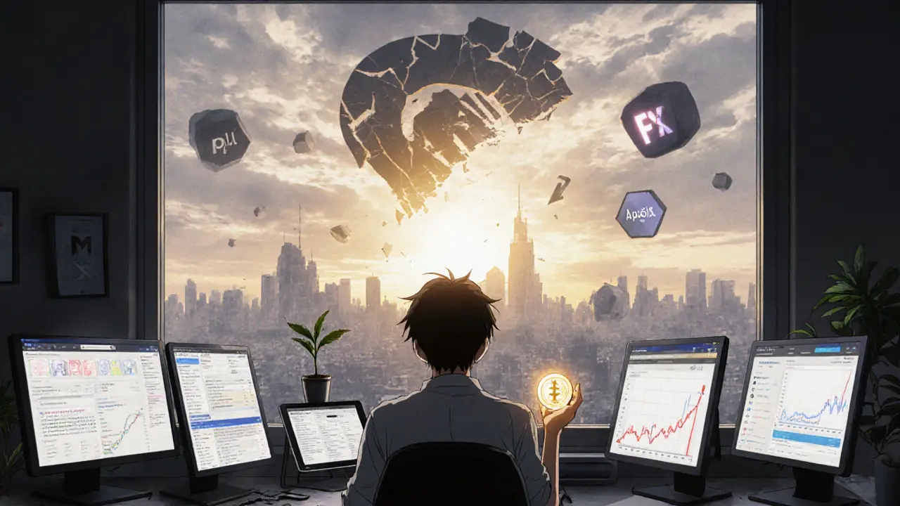 Un développeur seul face à des écrans de pannes, tandis que le logo de Sifchain s&#039;effrite au loin.