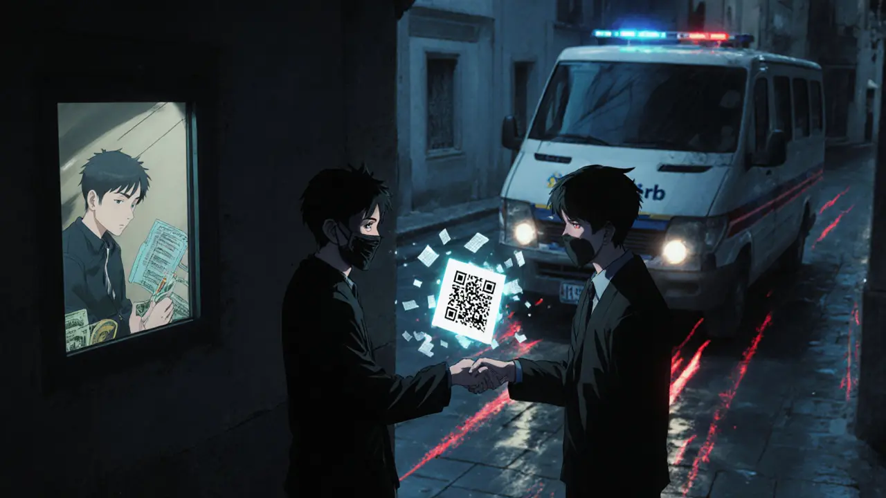 Un échange P2P illégal de cryptomonnaies dans une ruelle de Casablanca, avec une voiture de police qui approche.