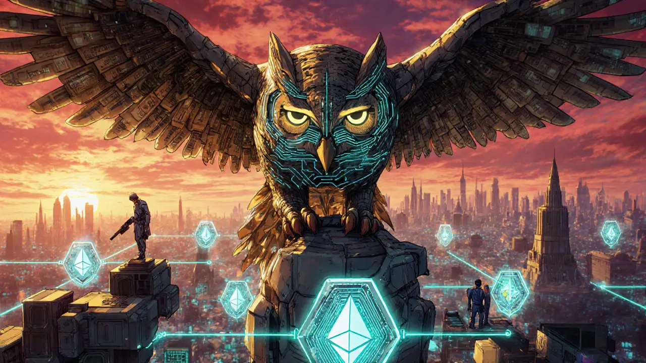 Un hibou mécanique en forme de jetons ATA protégeant les blockchains Bitcoin et Ethereum avec des TEE.