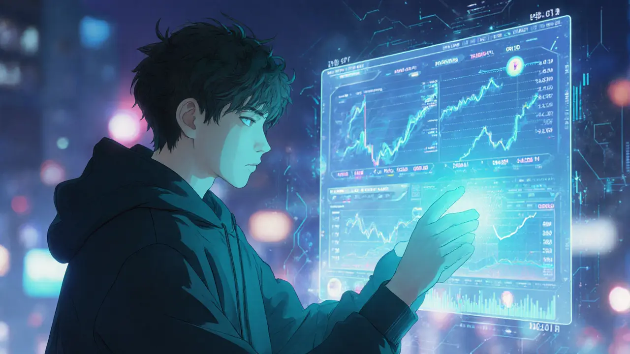 Un trader interagit avec une interface IA affichant des données de marché en temps réel.