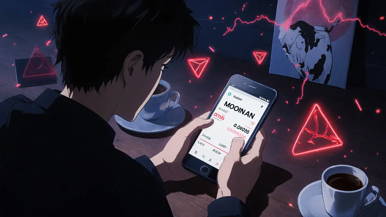 Un trader regardant un écran de cryptomonnaie en chute libre, entouré de tasses de café vides.