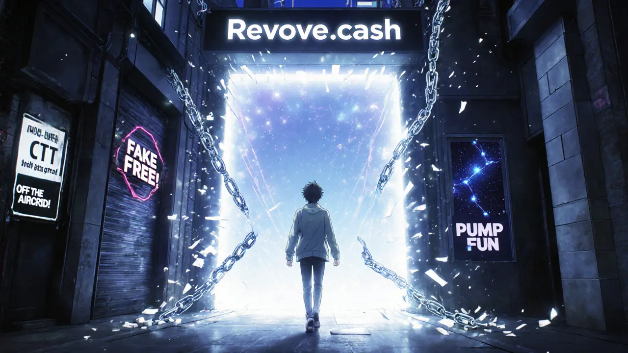 Un utilisateur passant par le portail Revoke.cash, brisant des permissions malveillantes, tandis que de vrais airdrops brillent au loin.