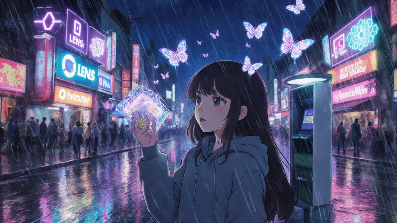Une jeune fille dans une ville d&#039;Asie du Sud-Est reçoit sa première récompense crypto, entourée de papillons numériques en forme de NFT.