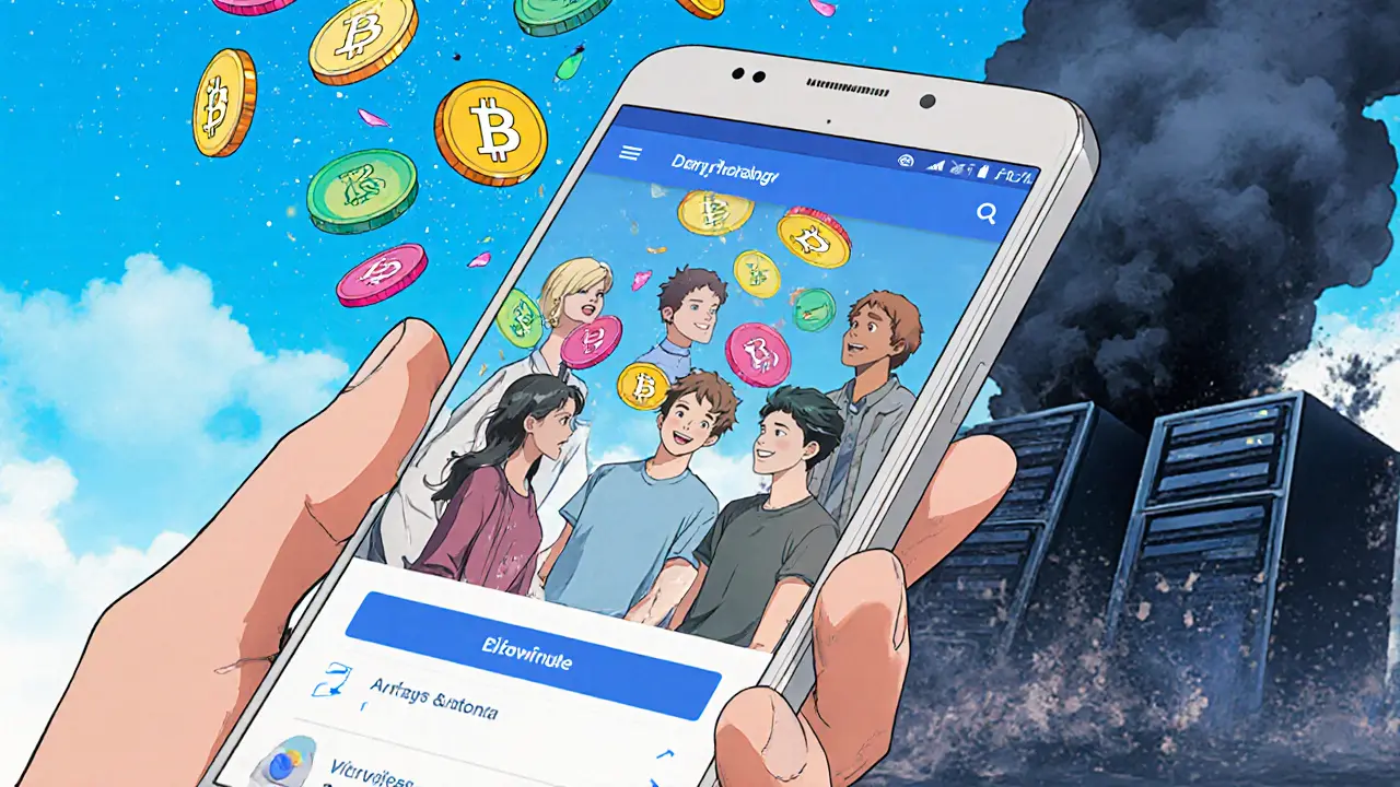 Une main tenant un téléphone affichant une application décentralisée, avec des tokens qui s&#039;élèvent vers des avatars d&#039;utilisateurs.