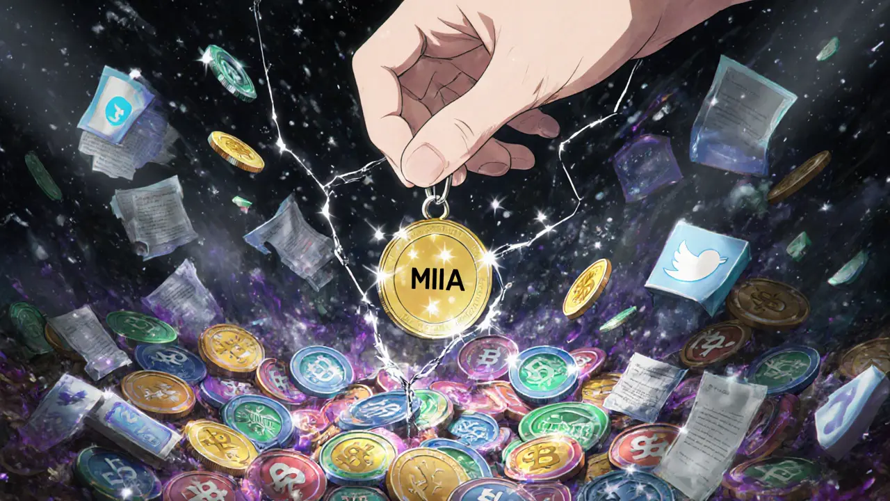 Une main tient un jeton MIA cassé, tandis que d&#039;autres jetons crypto brillent autour de lui dans un chaos numérique.