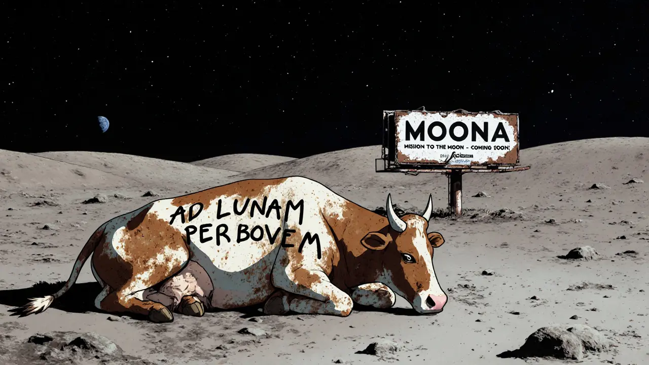 Une vache morte sur la Lune, avec une affiche déchirée annonçant une mission spatiale impossible.
