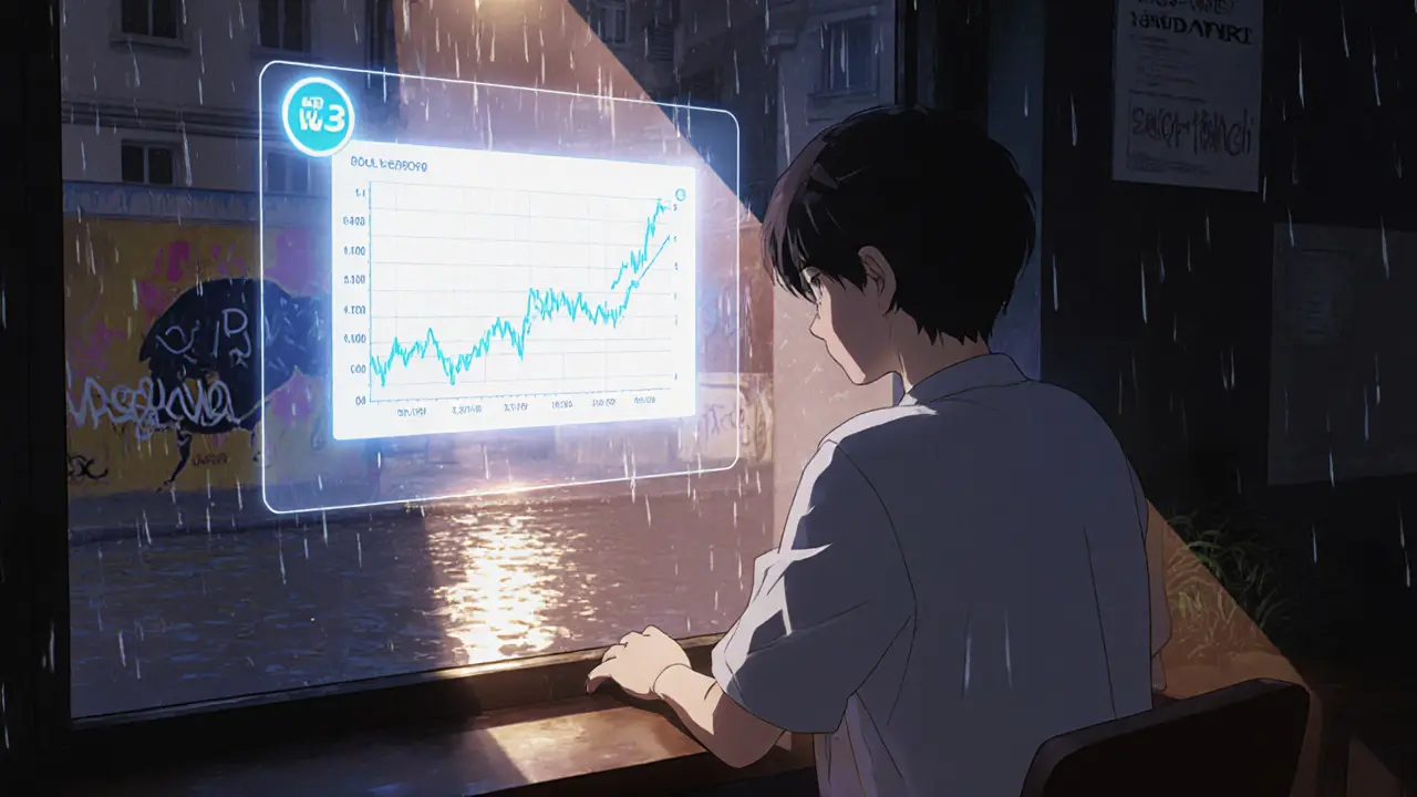 Utilisateur observe l&#039;historique des prix de HIPPOP dans une cafétéria Web3, avec un mural du logo et une pluie douce.