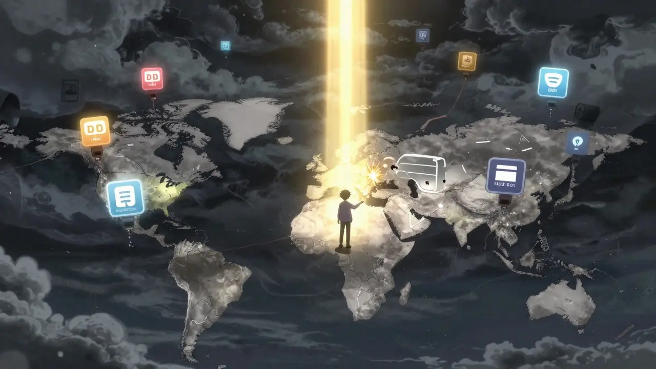 Carte mondiale fragmentée avec des identifiants numériques incompatibles, un jeune tente de les connecter.