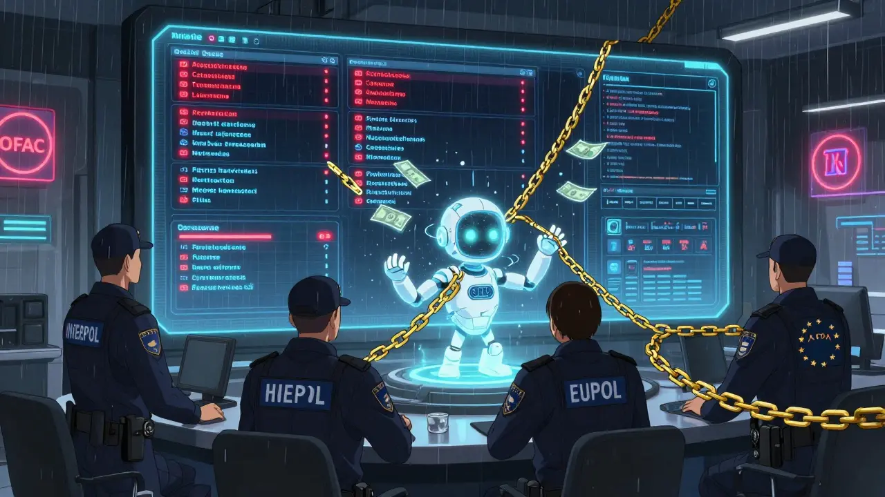 Centre de conformité international avec des agents surveillant des transactions crypto en temps réel sur un écran holographique.