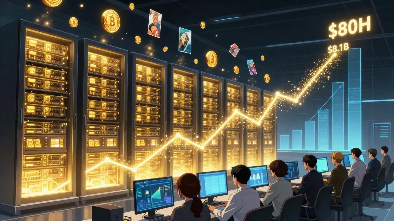 Centre de données bancaire avec actifs tokenisés flottants et croissance spectaculaire du marché blockchain.