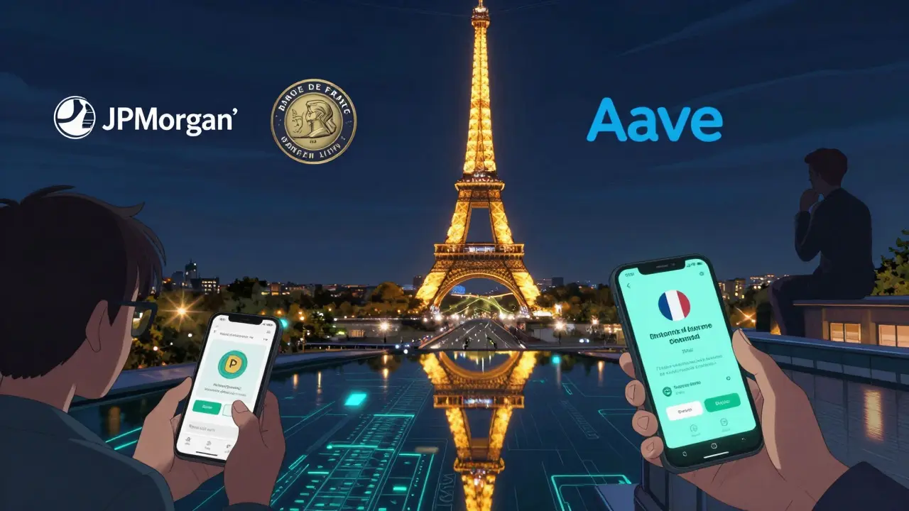 Citoyens français achetant des obligations d&#039;État via une app, reflet de la tour Eiffel dans un fleuve de stablecoins.