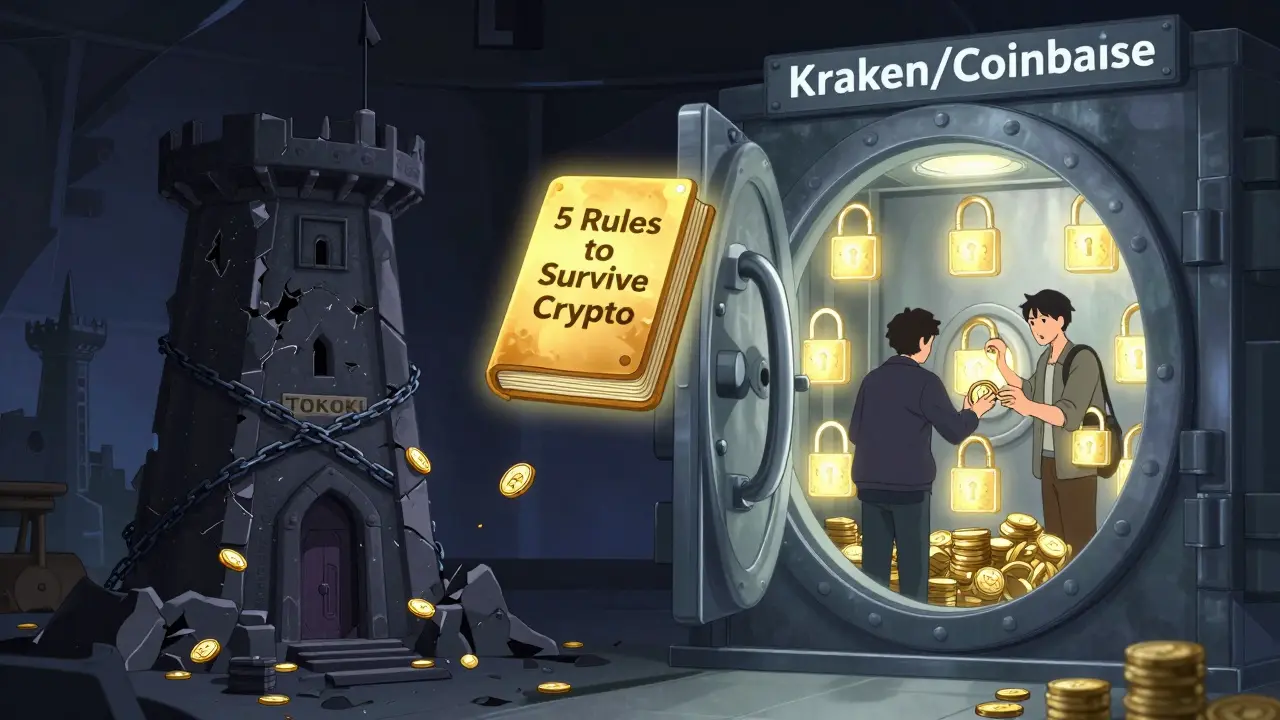 Comparaison symbolique : tour en ruine de TOKOK contre un coffre sécurisé pour les échanges légitimes.