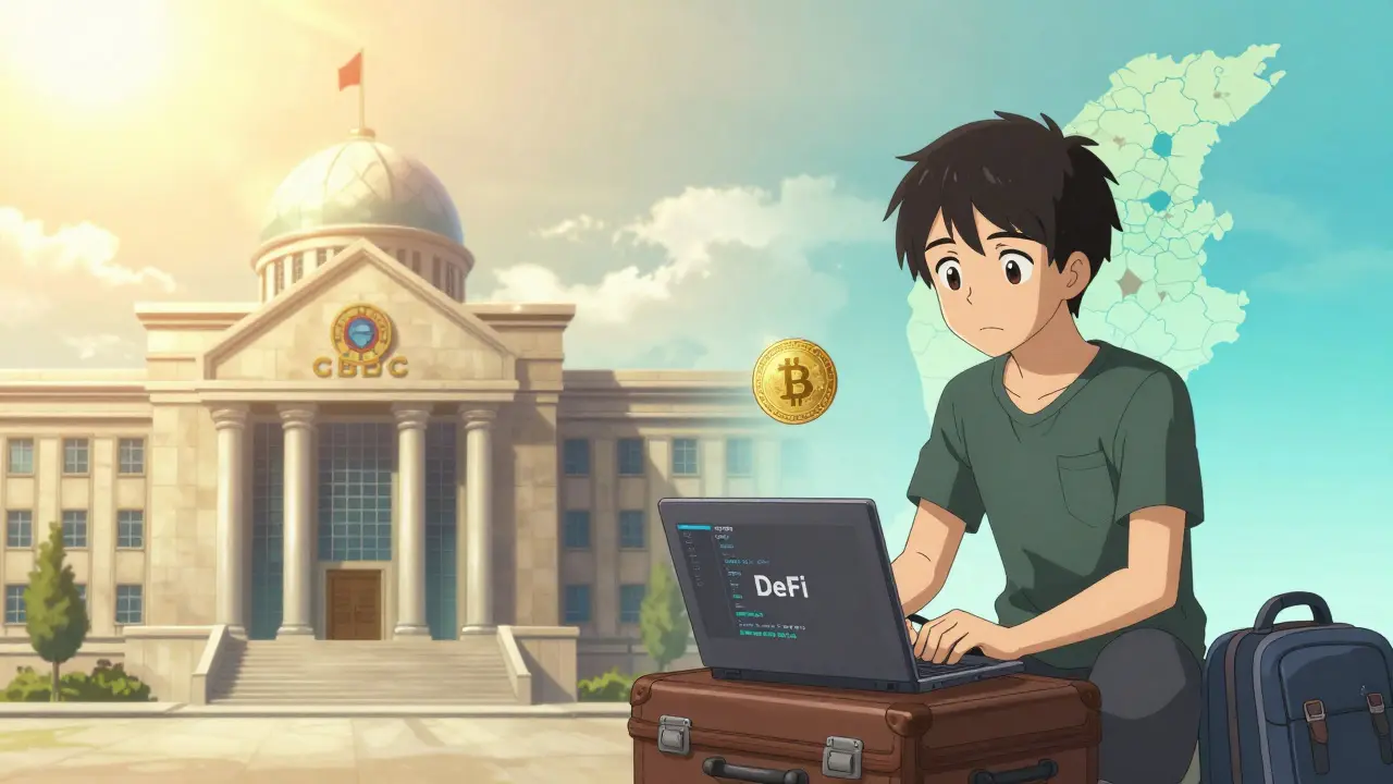 Contraste entre un bâtiment gouvernemental avec une monnaie numérique et un jeune partant avec son ordinateur, symbole de l'exode des cerveaux.