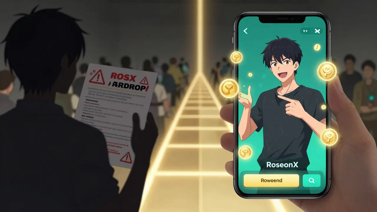 Contraste entre une arnaque d&#039;airdrop et un utilisateur réel qui échange sur RoseonX avec des récompenses.