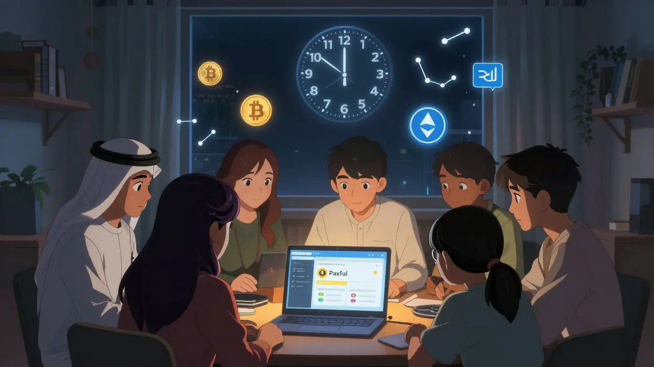 Des jeunes Saoudiens effectuent un échange crypto en P2P dans un appartement, entourés d’écrans et de symboles numériques flottants.