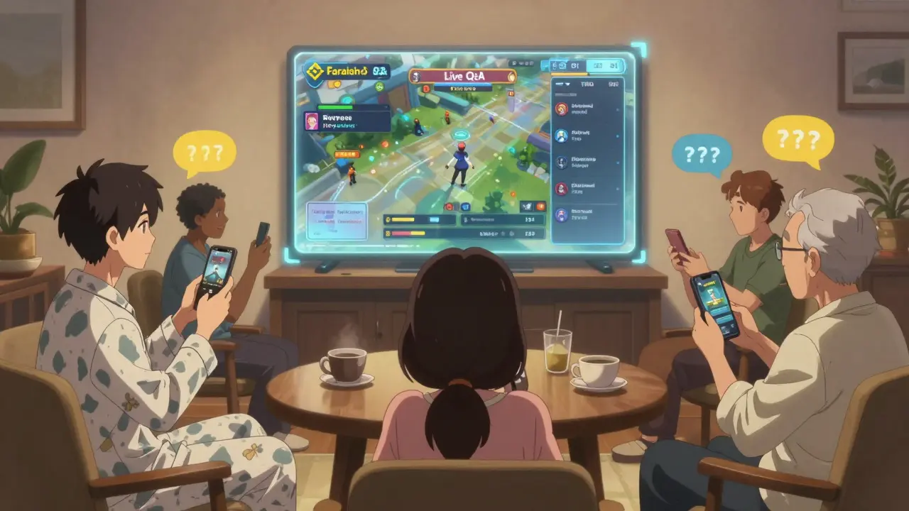 Des joueurs regardent un live Binance sur leurs téléphones dans des lieux quotidiens, fascinés par une projection du jeu Faraland.