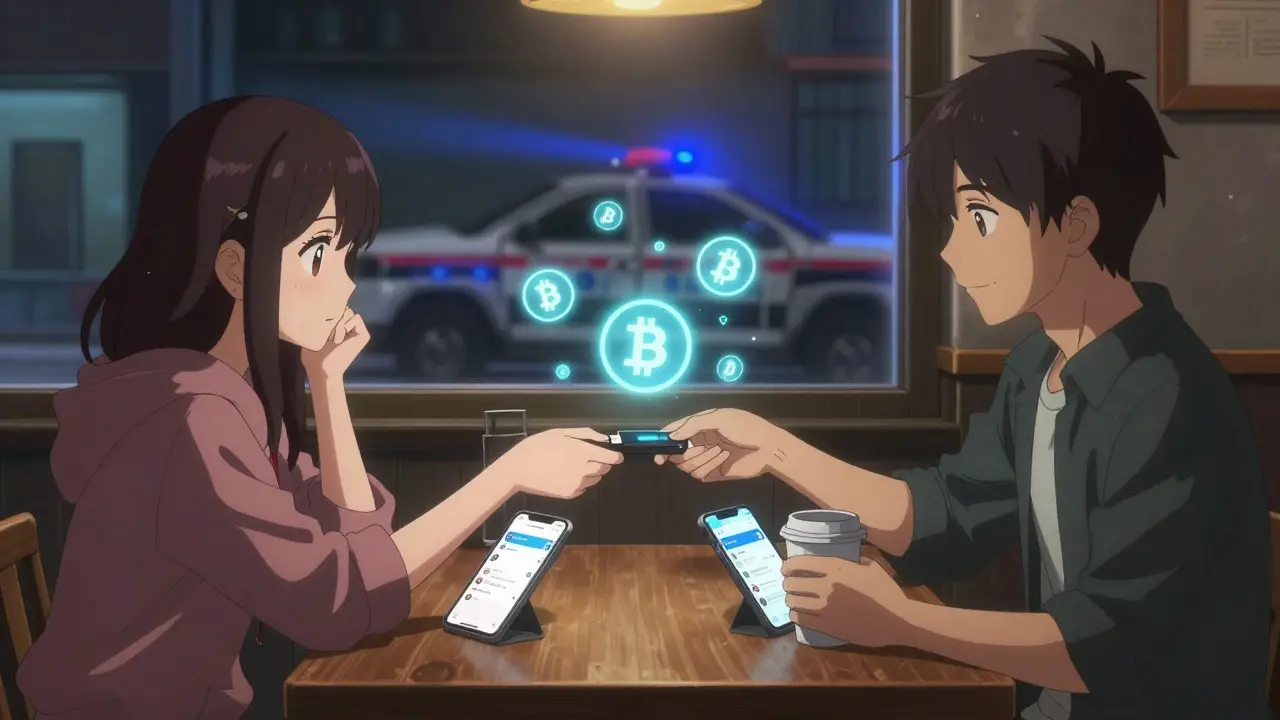 Deux personnes échangent un portefeuille crypto en cachette dans un café, sous le regard d’une patrouille policière.