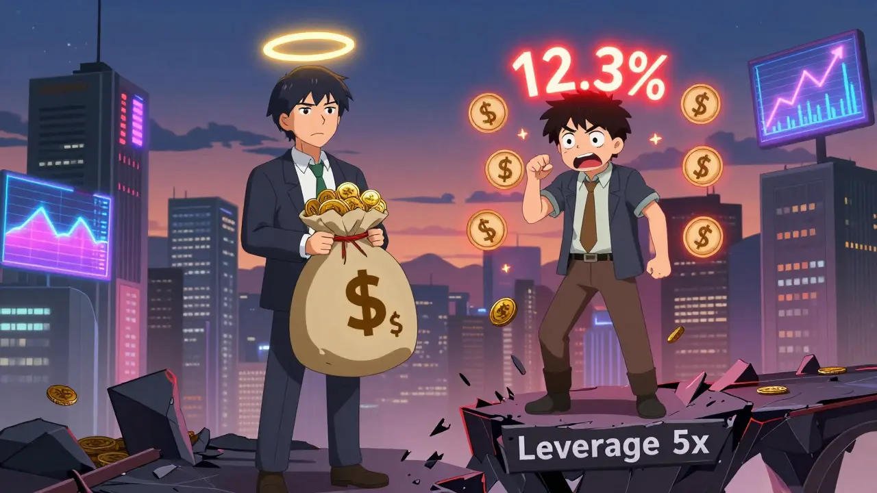 Deux traders contrastés : l&#039;un avec un taux d&#039;intérêt bas et un sac de crypto, l&#039;autre submergé par des dettes rouges.