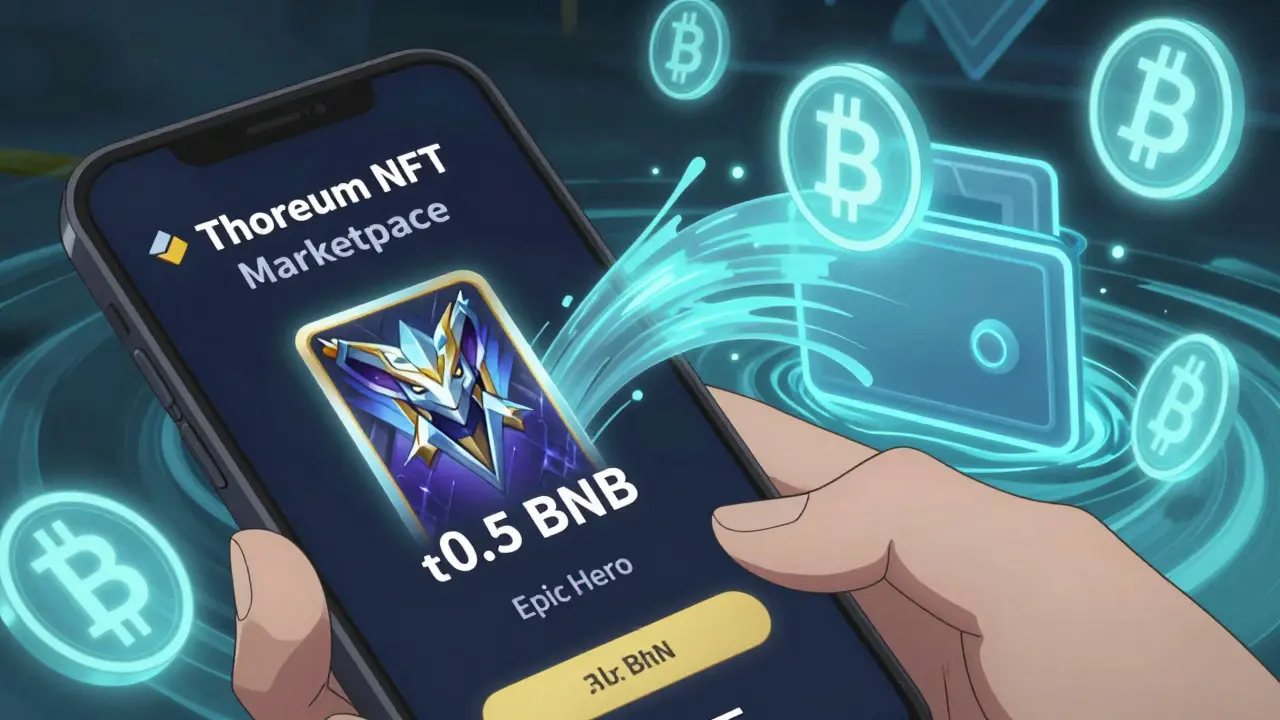 Écran de téléphone affichant l&#039;achat d&#039;un NFT EpicHero sur le marché Thoreum, avec des jetons BNB en flux vers un portefeuille numérique.