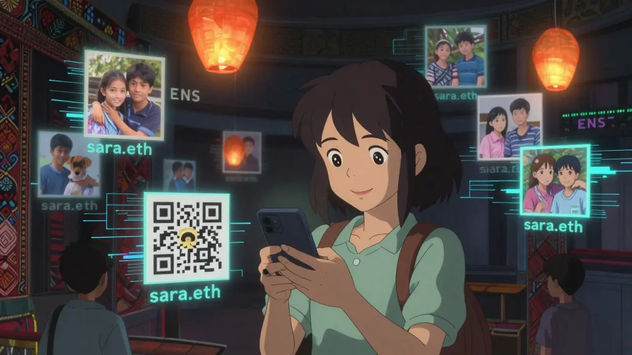 Étudiante décodant une transaction cachée dans une photo de chien, des noms ENS flottant comme des lanternes.