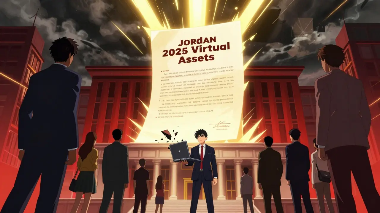 La nouvelle loi jordanienne sur les actifs virtuels s'illumine au-dessus d'un bâtiment gouvernemental.