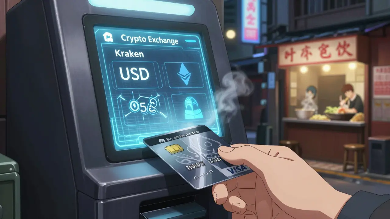 Main insérant une carte étrangère dans un kiosque crypto à Hong Kong, interface holographique affichant Ethereum.