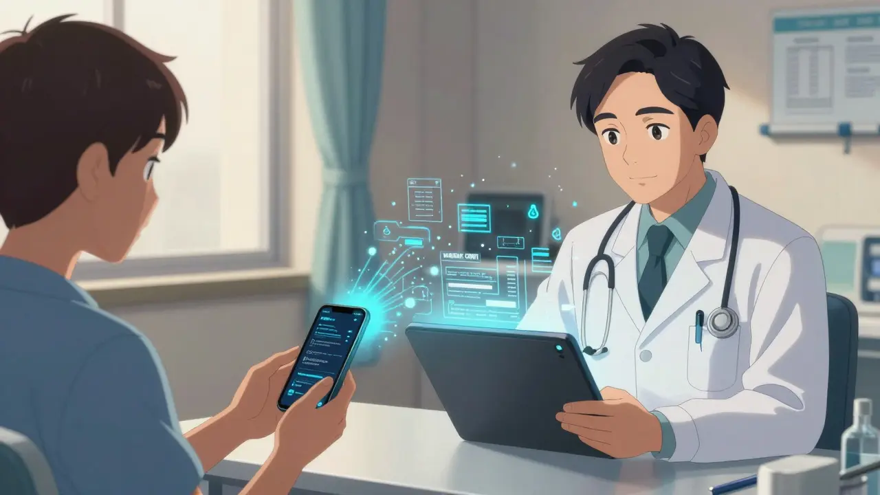 Patient partageant des documents médicaux numériques avec un médecin dans une salle d'hôpital, sans papiers.