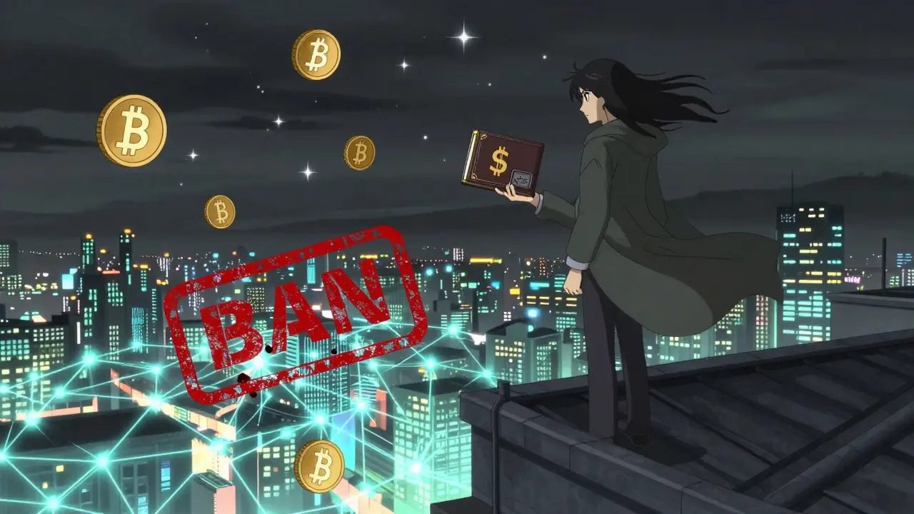 Personnage sur un toit tenant un portefeuille Ledger, des cryptos s'élèvent au-dessus d'une ville sous des interdictions.