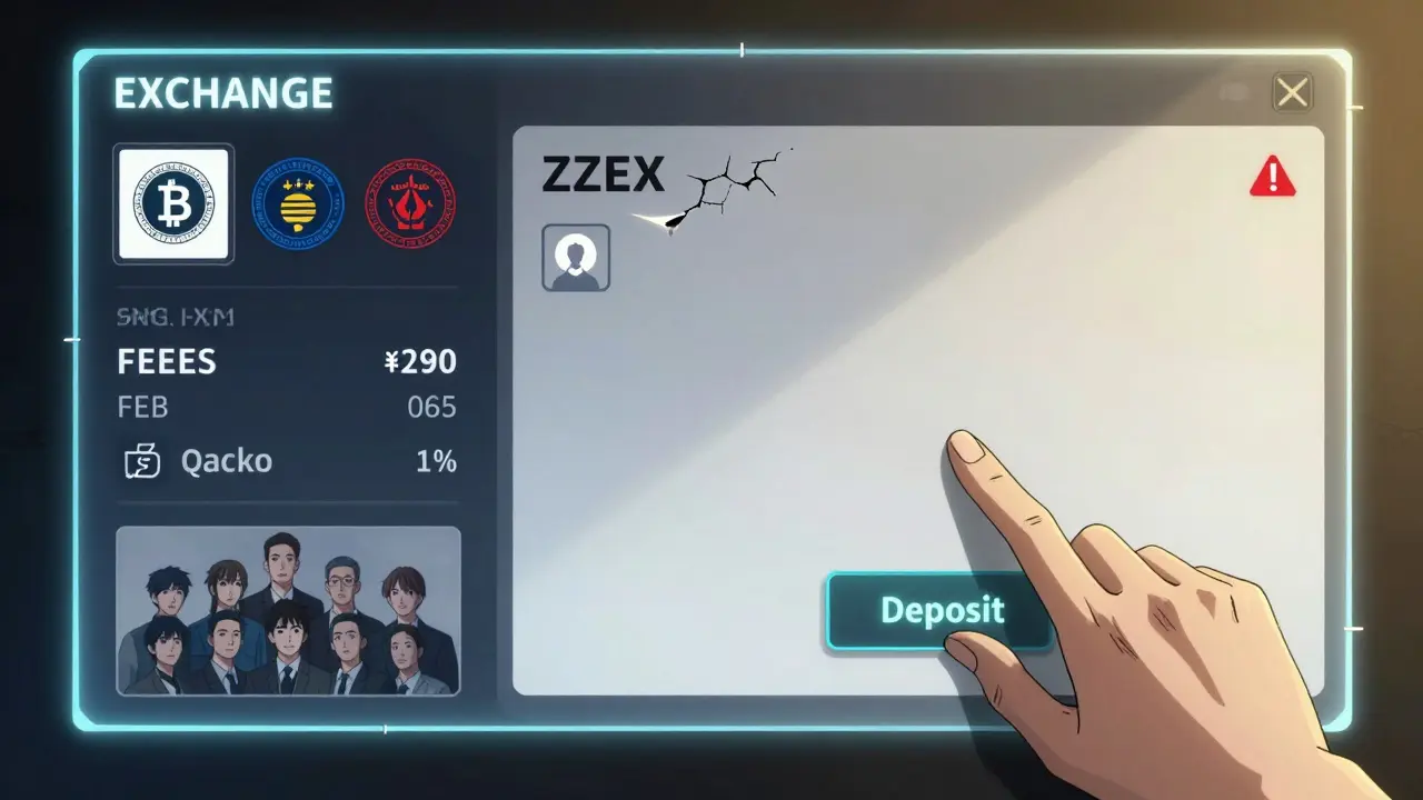 Scène divisée : une plateforme crypto professionnelle à gauche, un tableau vide et dangereux à droite pour 'ZZEX'.