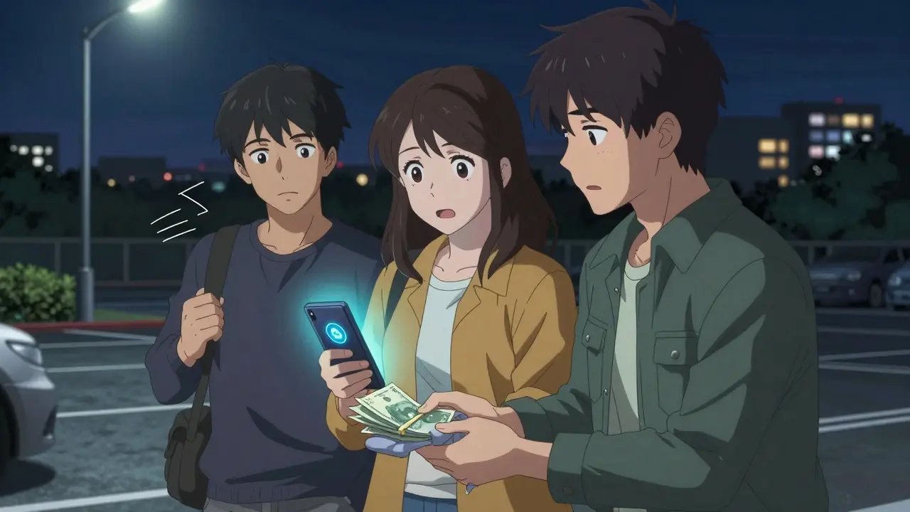 Trois jeunes échangent des billets contre des cryptos dans un parking nocturne, sous une lampe clignotante.