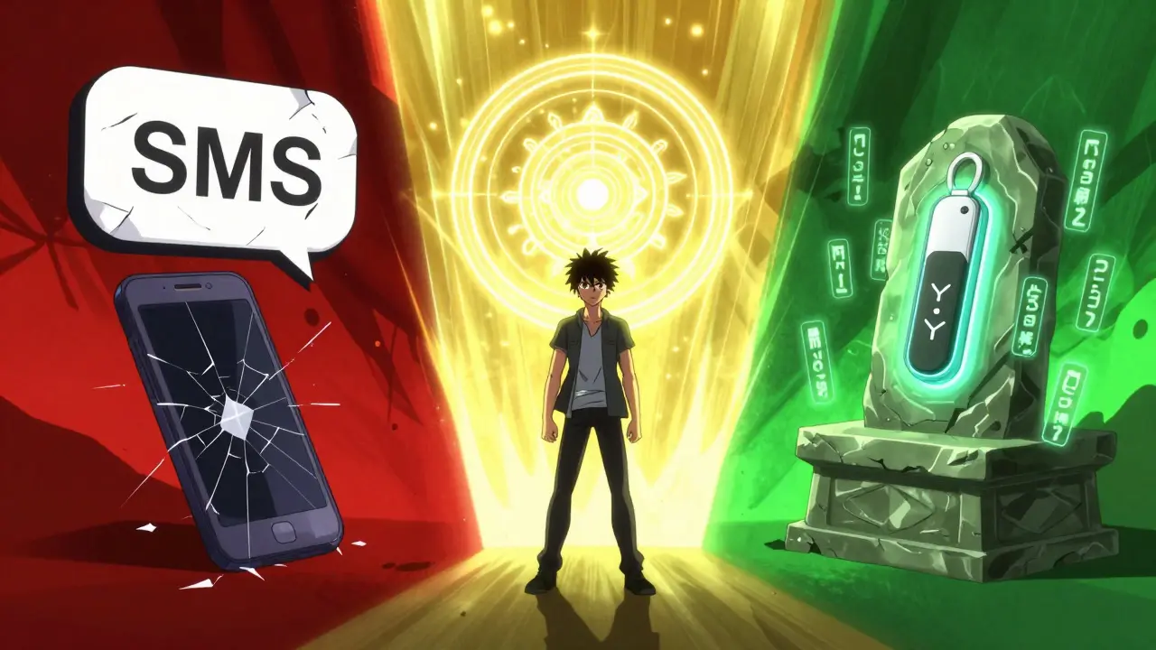 Trois méthodes de 2FA en confrontation : SMS, application et clé matérielle, représentées comme des forces opposées.