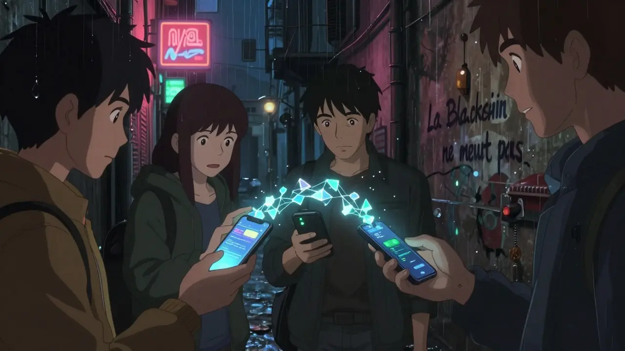 Trois personnes échangeant des données crypto par Bluetooth dans une ruelle nocturne, un portefeuille matériel à la main.