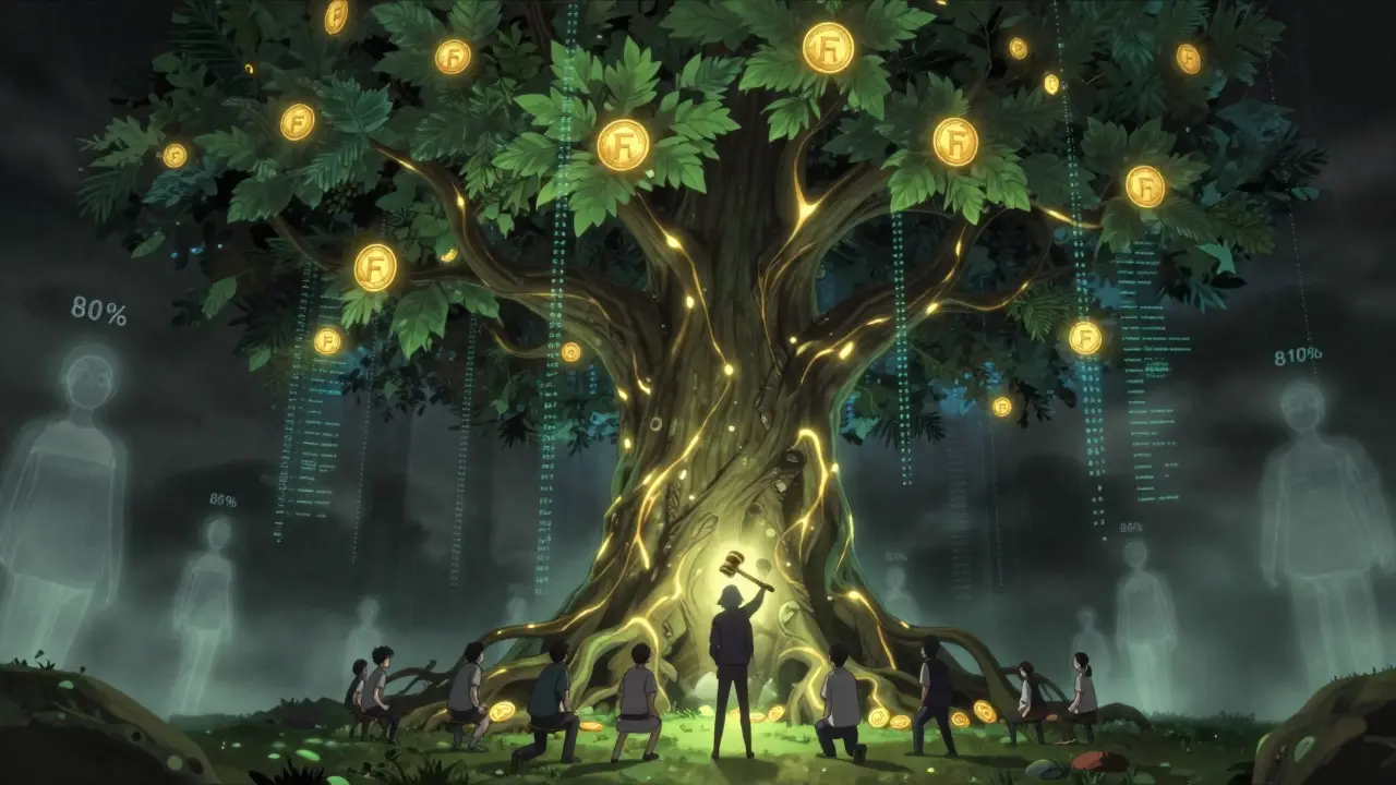 Un arbre géant aux feuilles FORTH dans un espace numérique, avec des utilisateurs qui déléguent leur pouvoir.