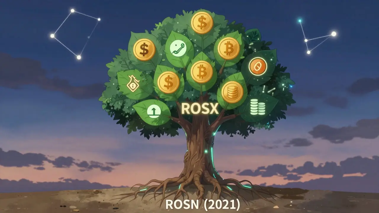 Un arbre symbolique représente l&#039;évolution de ROSN vers ROSX, avec des feuilles de jetons et un logo céleste.