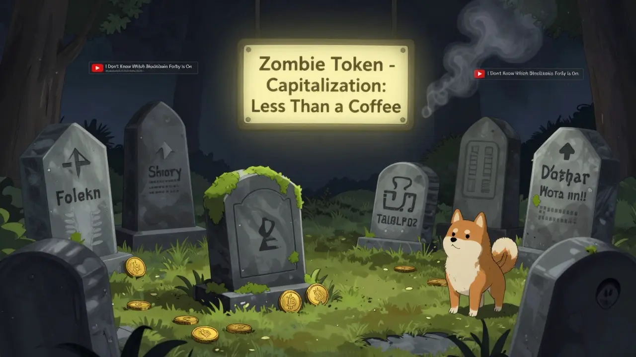 Un cimetière de tokens crypto où la tombe de Forky est presque cachée sous la poussière et la végétation.