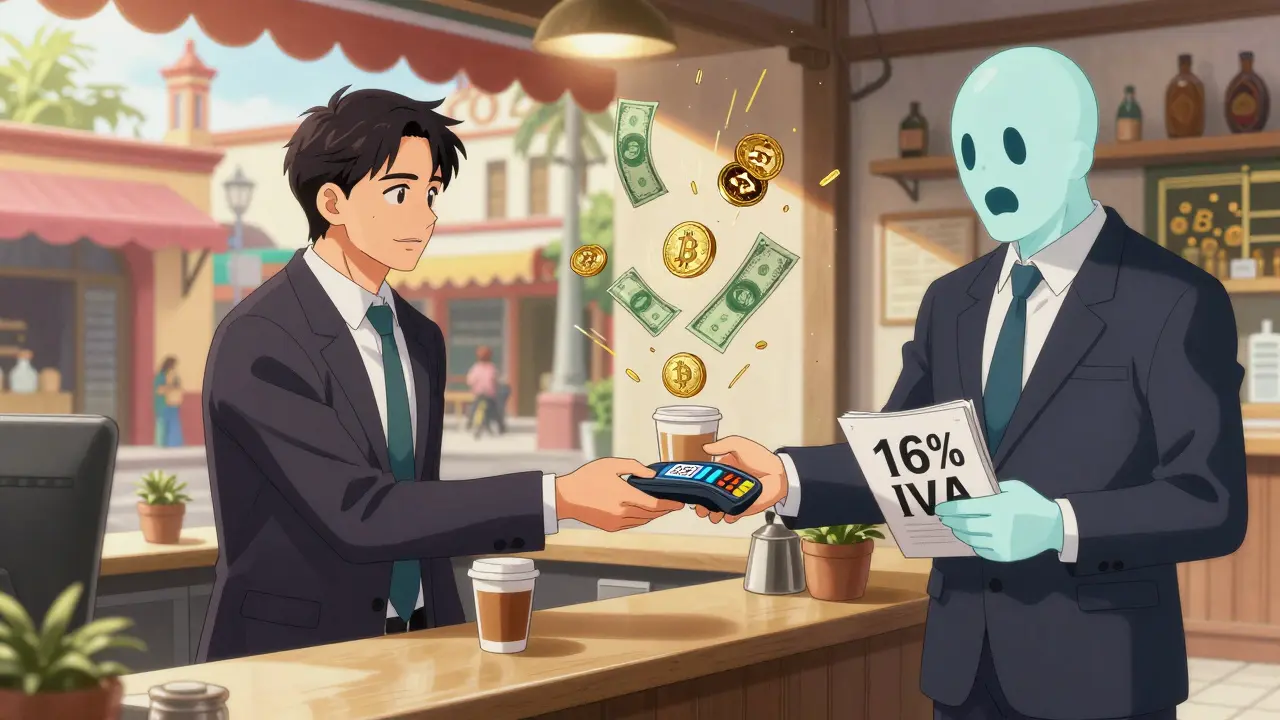 Un client paie un café en cryptomonnaie tandis qu&#039;un inspecteur fiscal apparaît en spectre.