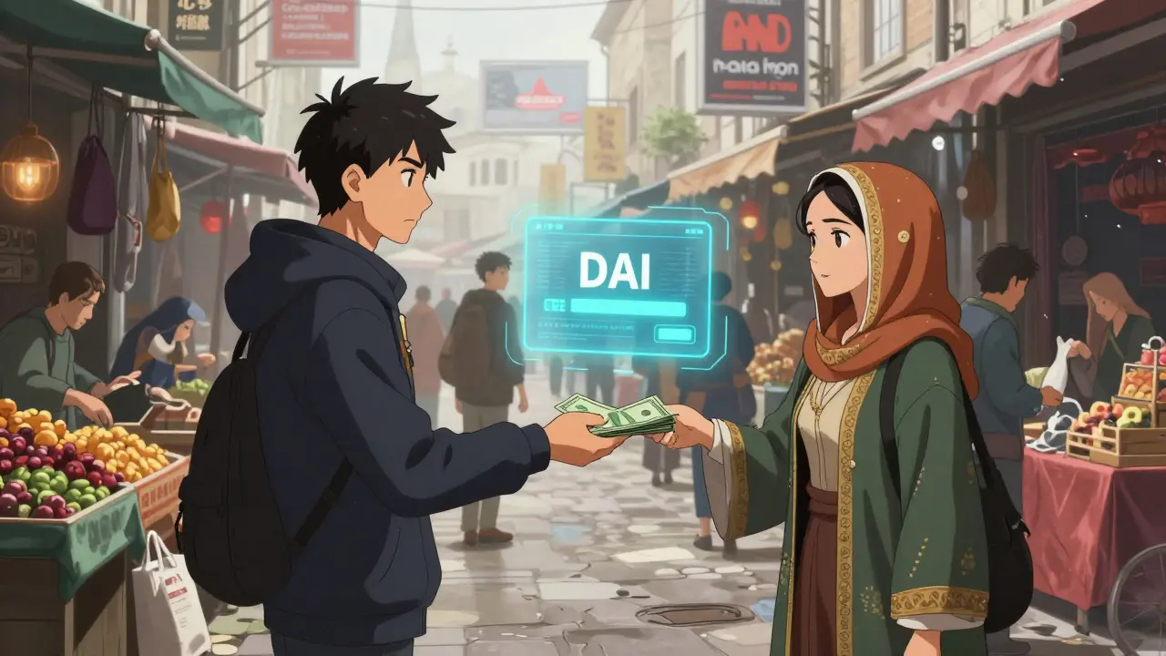 Un échange P2P de crypto en espèces dans un marché animé, avec une interface numérique flottante.