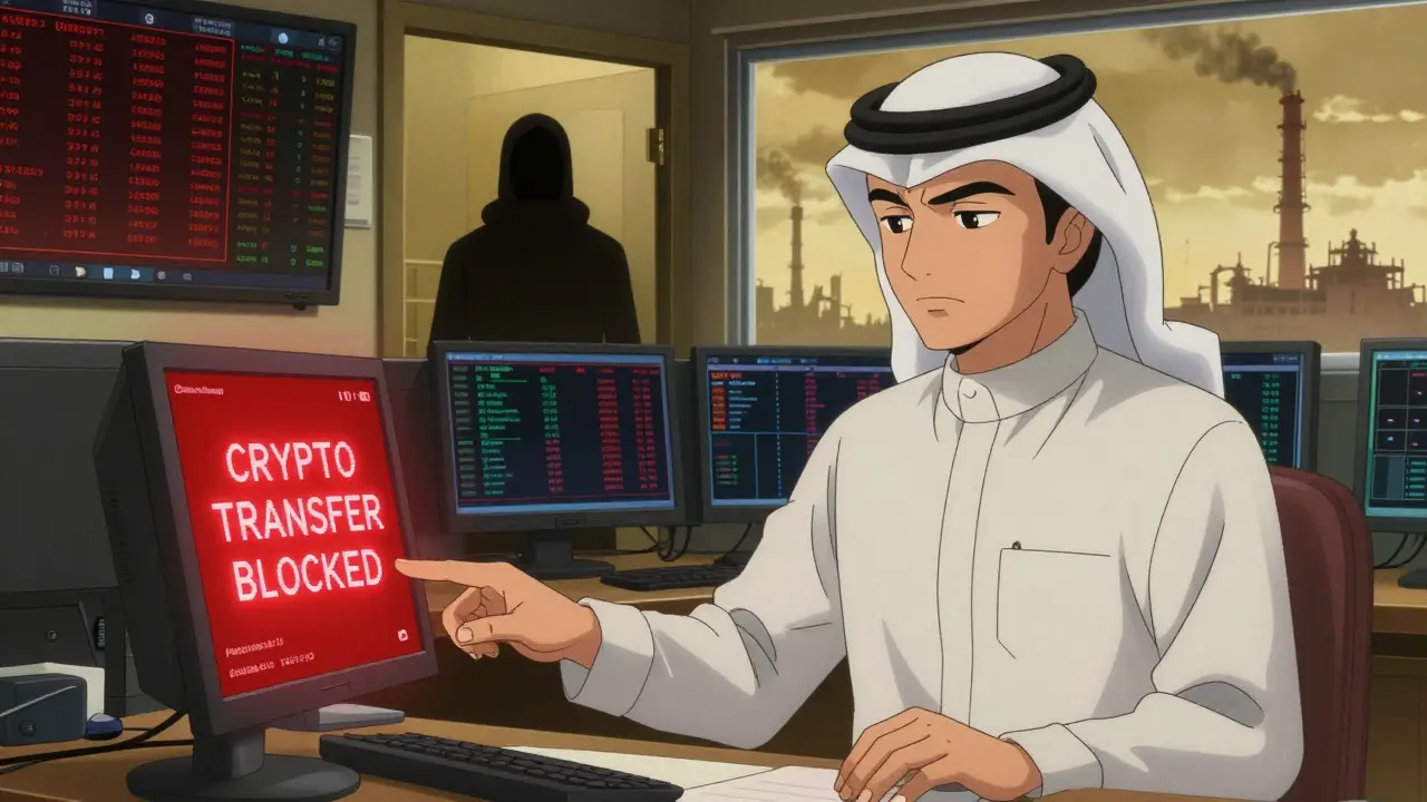 Un employé de banque bloque une transaction cryptographique, tandis qu’un client fuit en silence.