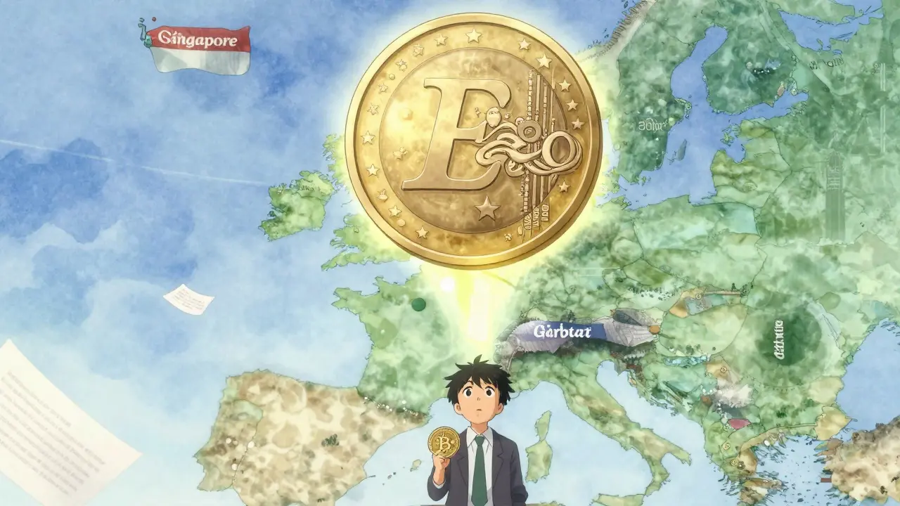 Un euro numérique descend sur l&#039;Europe, faisant fuir les échanges crypto vers l&#039;étranger, un trader regarde avec incertitude.